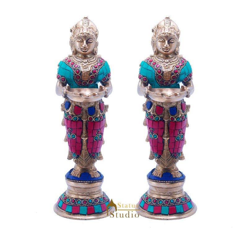 Brass Standing Deep Lady DeepLakshmi Idol Pair For Home Temple Pooja Room Diwali Décor Statue 9"