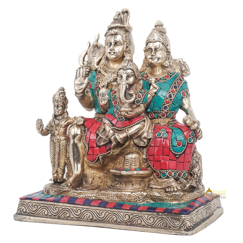 Brass Shiva Family With Parvati Ganesh Karthik Idol For Home Pooja Decor 9.5"