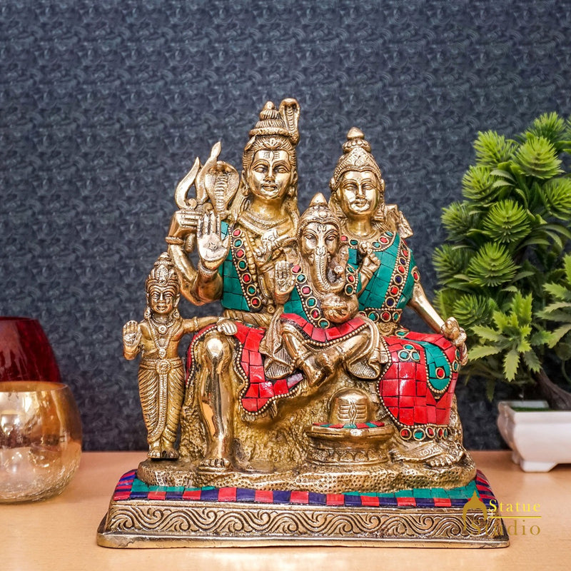 Brass Shiva Family With Parvati Ganesh Karthik Idol For Home Pooja Decor 9.5" - 461025