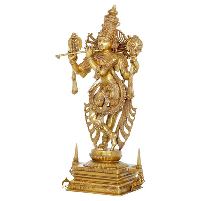 Brass Large Standing Krishna Idol Rare Masterpiece For Decor 3.5 Feet