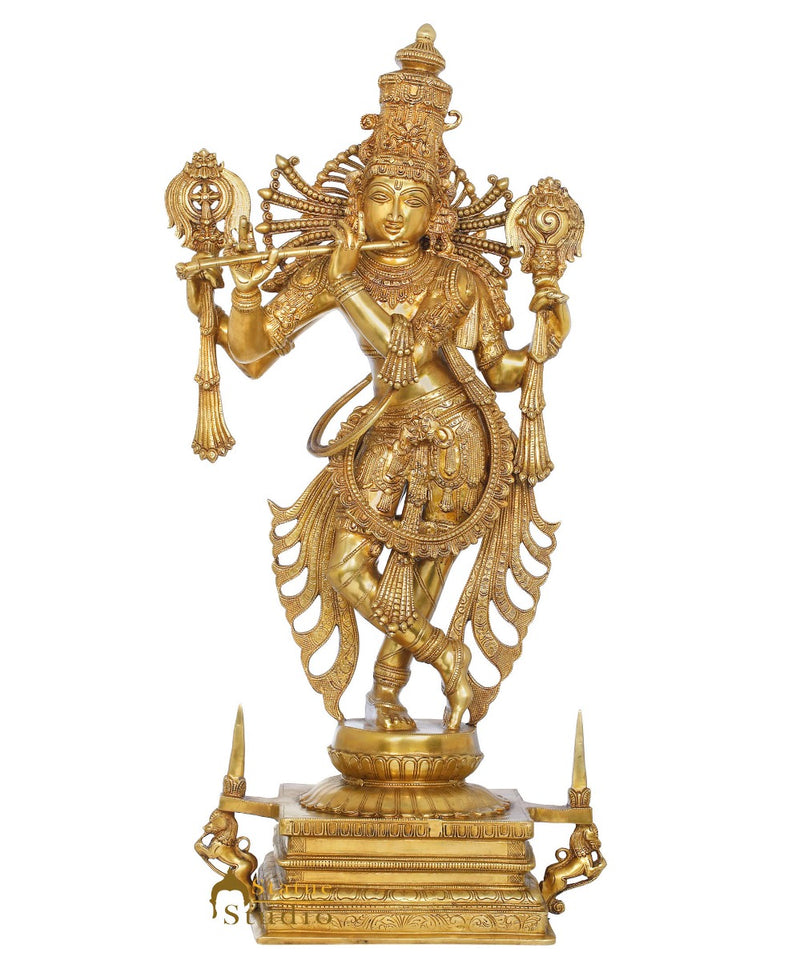 Brass Large Standing Krishna Idol Rare Masterpiece For Decor 3.5 Feet