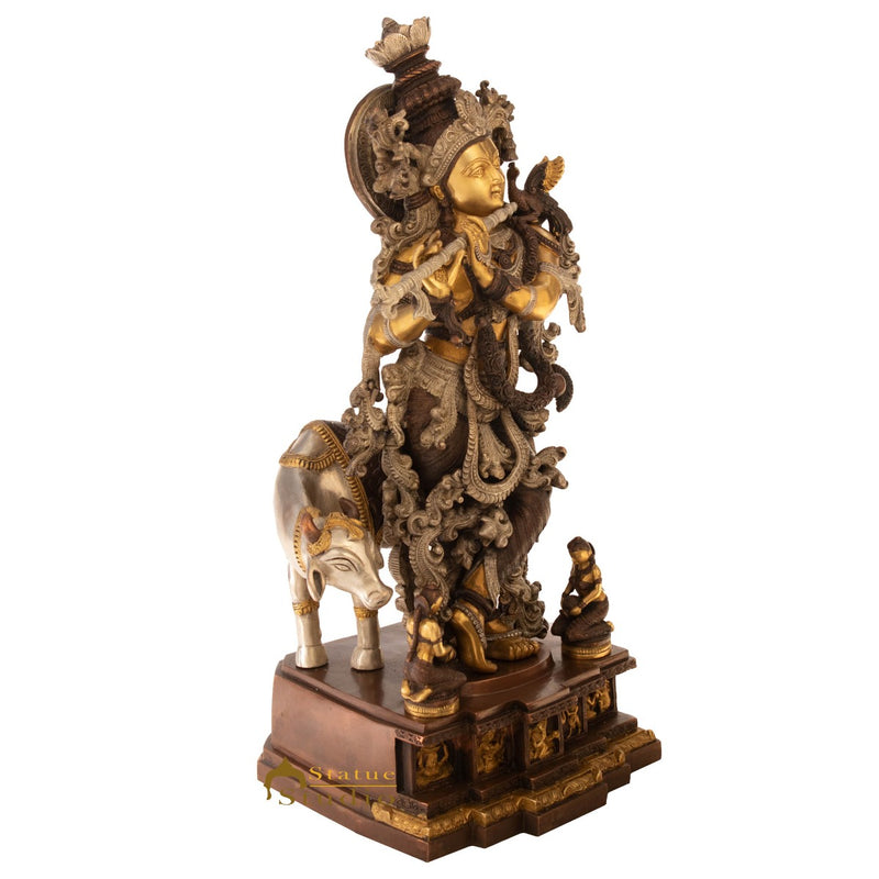 Brass Large Krishna Idol With Cow For Home Office Decor 28 Inch