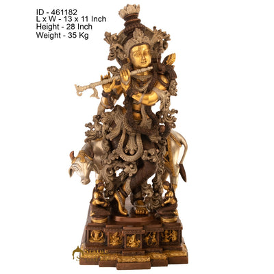 Brass Large Krishna Idol With Cow For Home Office Decor 28 Inch