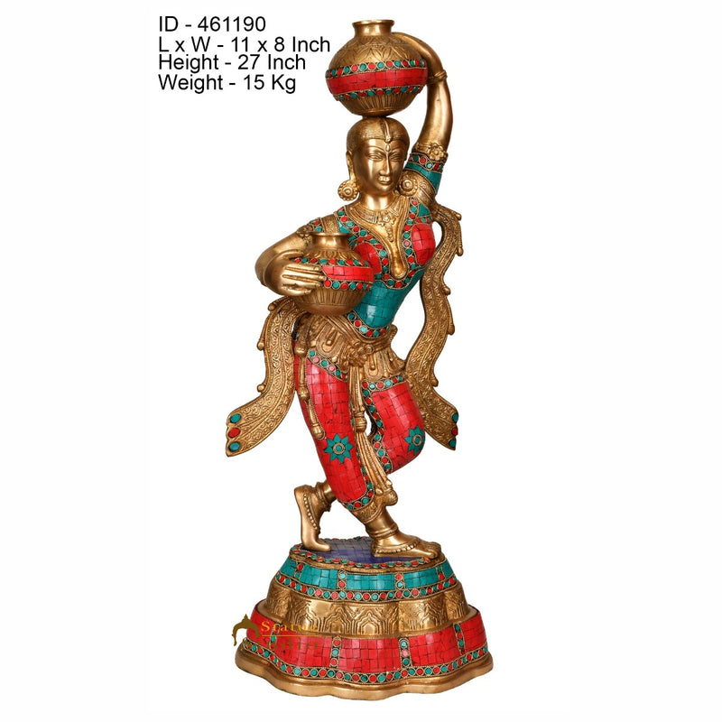 Brass Large Size Indian Matka Lady Statue Home Garden Décor Showpiece 27"