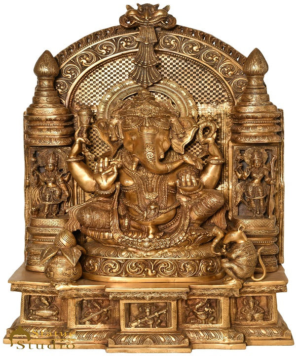 Brass large Size Temple Ganesha Idol Décor Lucky Gift Ganpati Statue 33"