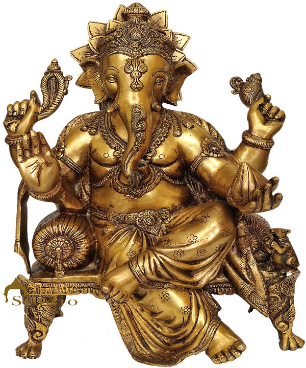 Brass Ganesha Idol Sitting On Chowki Ganpati Statue Home Office Décor Gift 20"