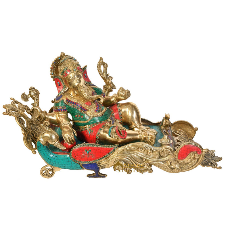 Brass Exclusive Resting Ganesha Statue On Peacock Recliner Ganpati Décor Idol