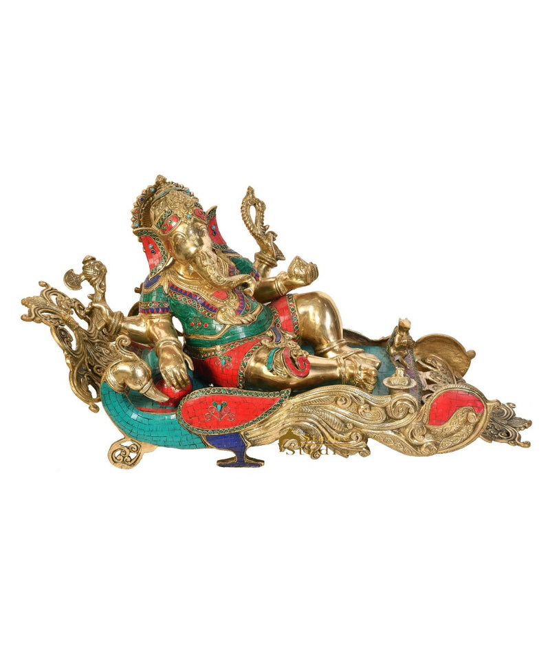 Brass Exclusive Resting Ganesha Statue On Peacock Recliner Ganpati Décor Idol