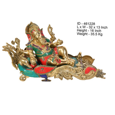 Brass Exclusive Resting Ganesha Statue On Peacock Recliner Ganpati Décor Idol