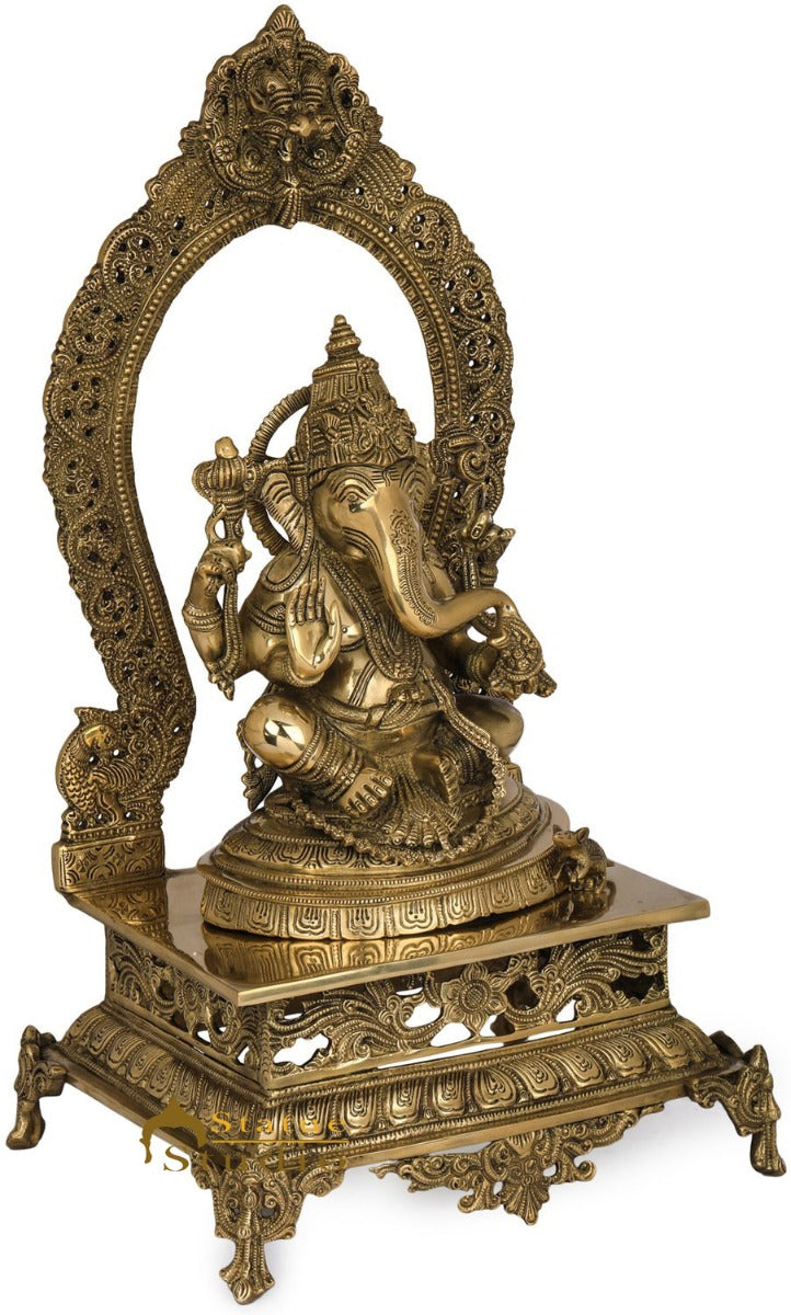 Brass Ganpati Statue Sitting On Prabhavali Throne Ganesha Décor Idol 21"