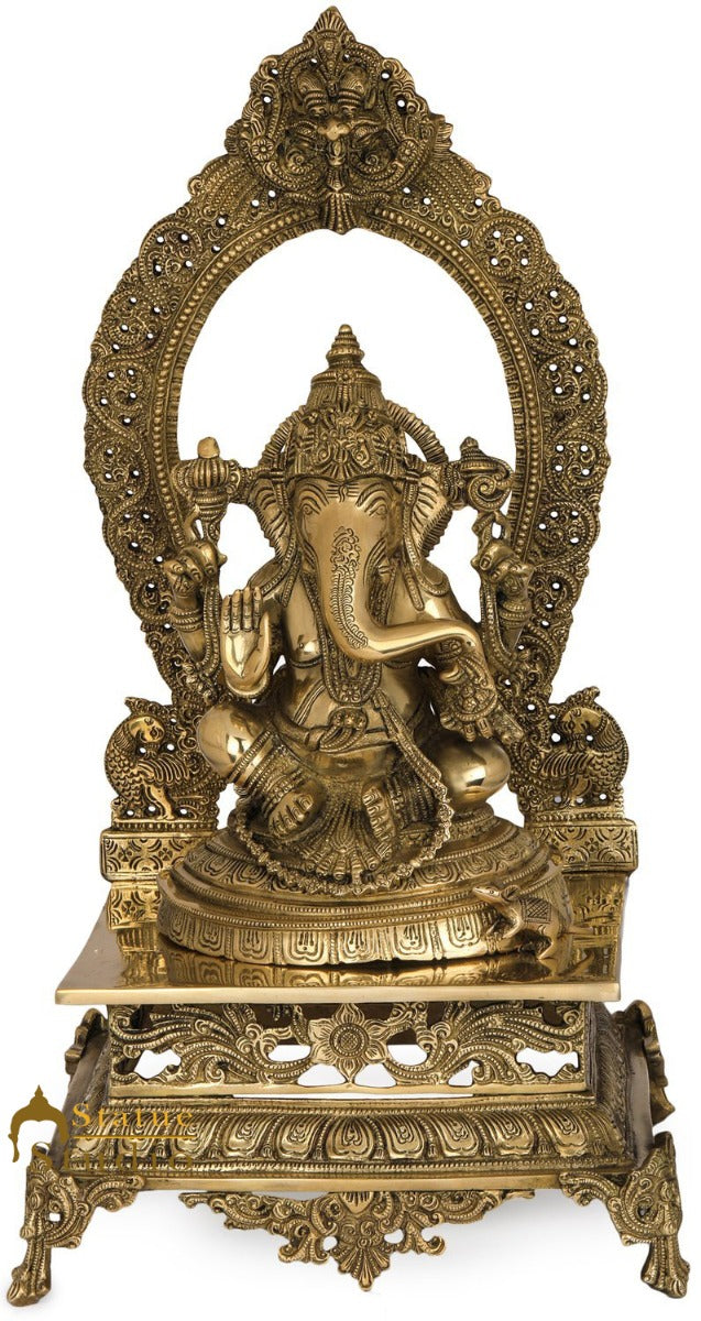 Brass Ganpati Statue Sitting On Prabhavali Throne Ganesha Décor Idol 21"