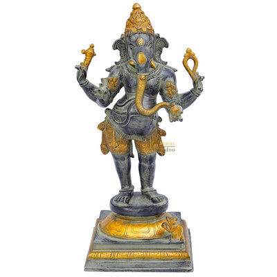 Brass Antique Standing Ganesha Idol Ganpati Statue Home Temple Décor Showpiece 19"