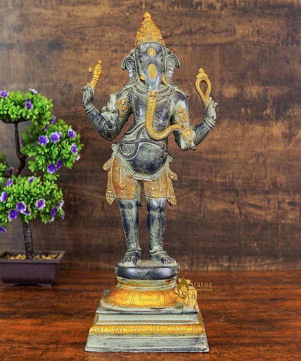 Brass Antique Standing Ganesha Idol Ganpati Statue Home Temple Décor Showpiece 19"