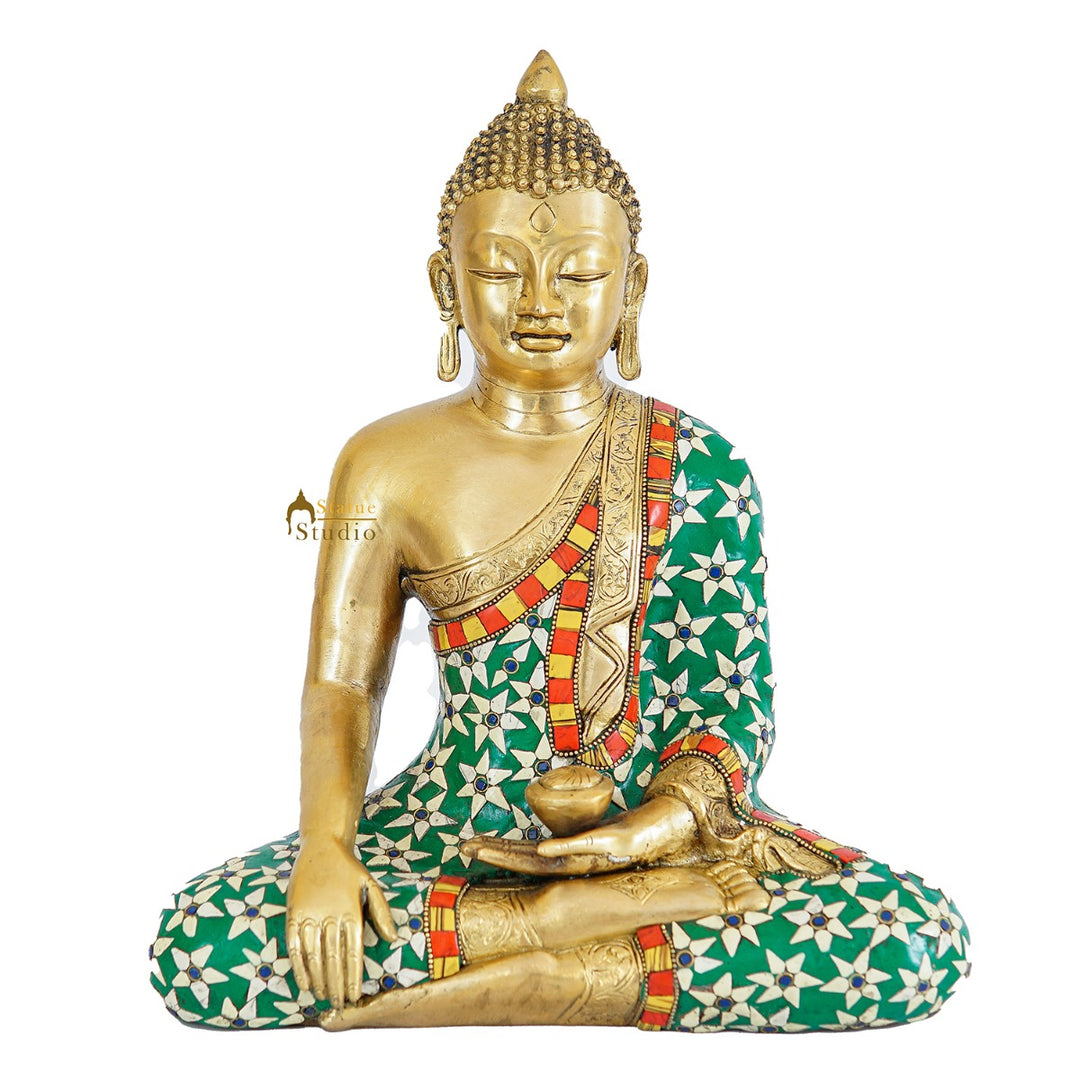 Brass Sitting Buddha Statue Stone Work For Home Decor Gift Showpiece 14"