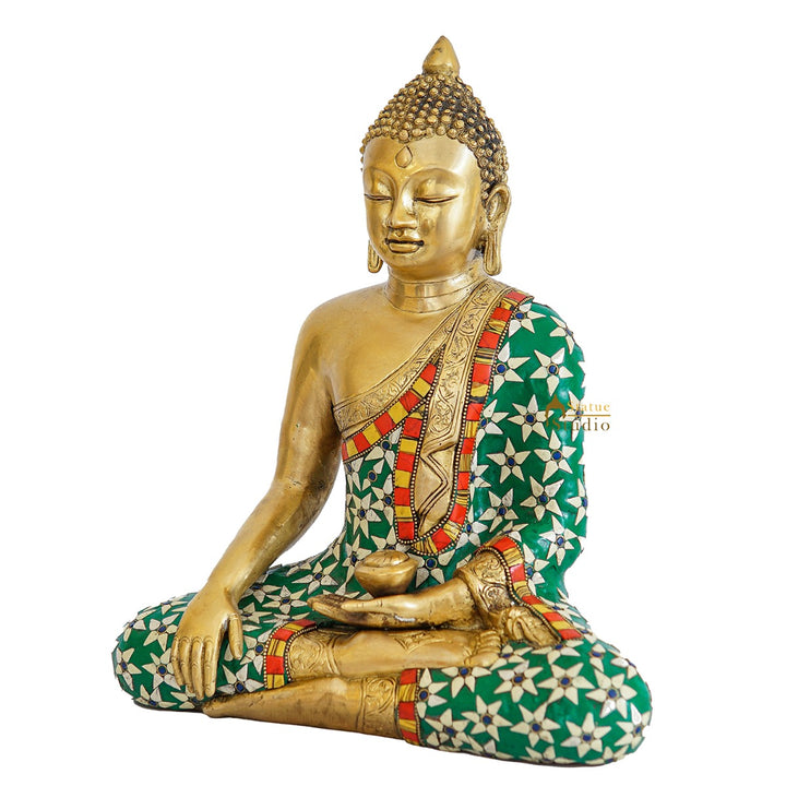 Brass Sitting Buddha Statue Stone Work For Home Decor Gift Showpiece 14"