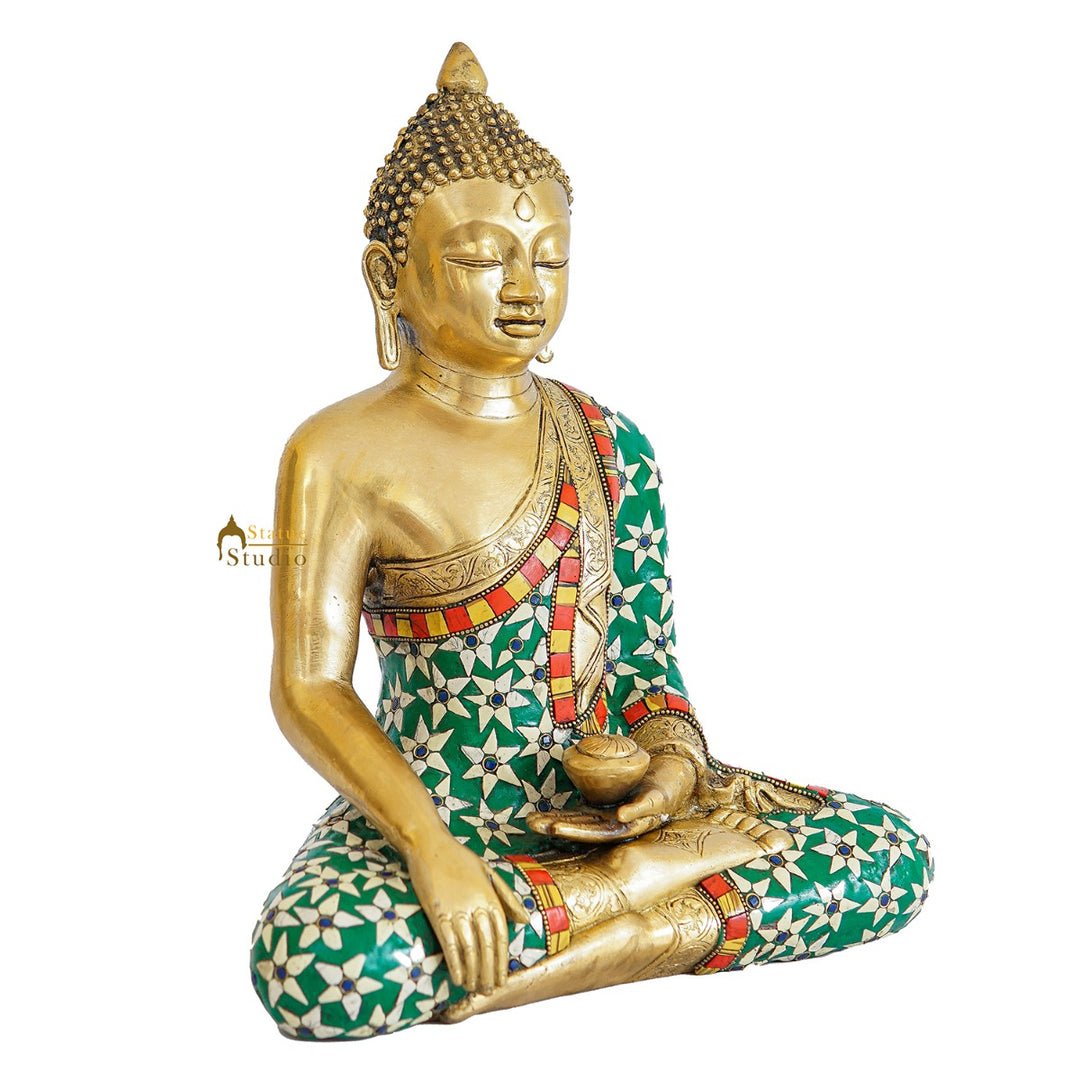 Brass Sitting Buddha Statue Stone Work For Home Decor Gift Showpiece 14"