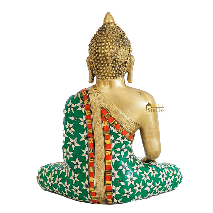 Brass Sitting Buddha Statue Stone Work For Home Decor Gift Showpiece 14"