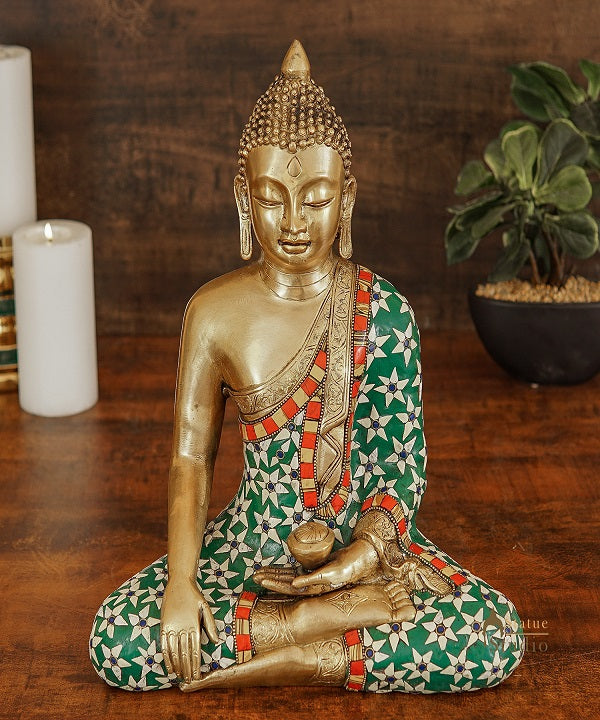 Brass Sitting Buddha Statue Stone Work For Home Decor Gift Showpiece 14"