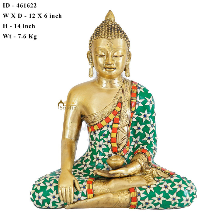 Brass Sitting Buddha Statue Stone Work For Home Decor Gift Showpiece 14"