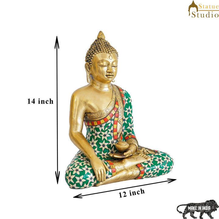 Brass Sitting Buddha Statue Stone Work For Home Decor Gift Showpiece 14"