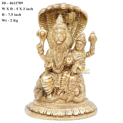 Brass Narsingh Laxmi Idol Under Serpent Religious Lucky Décor Statue 7"