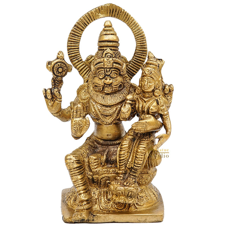 Brass Narsingh Laxmi Idol Under Serpent Religious Lucky Décor Statue 5"