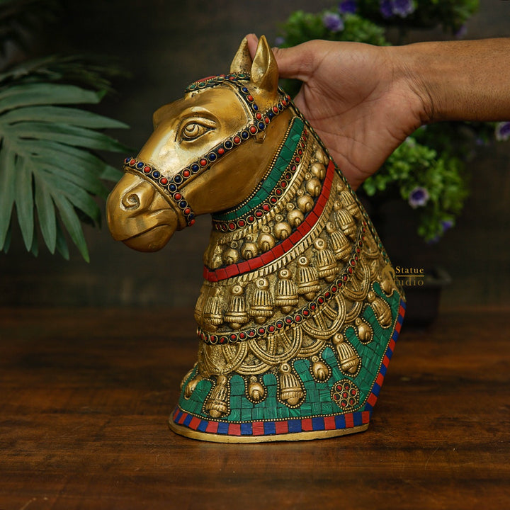 Vintage painted brass horse mounted on popular wood