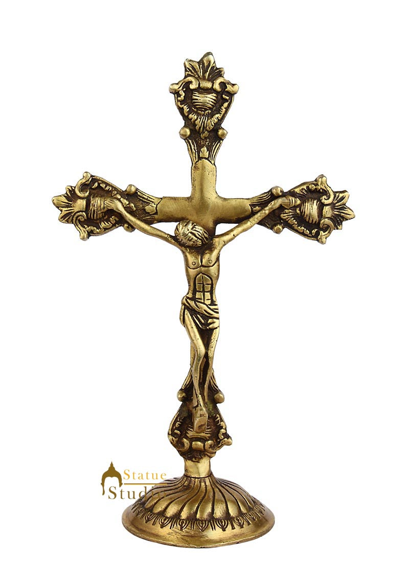 Brass Christian lord Jesus Cross india hand made statue religious craft idol 11"