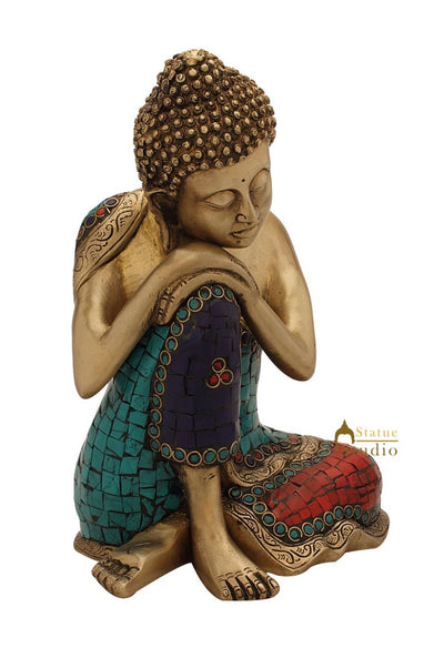 Bronze antique hand made buddha brass statue turquoise coral tibet décor 11"