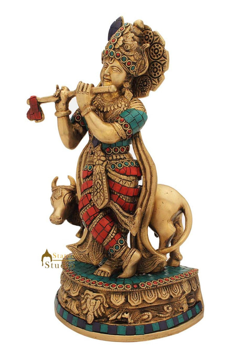 Brass hindu god krishna statue with cow antique religious décor 13"