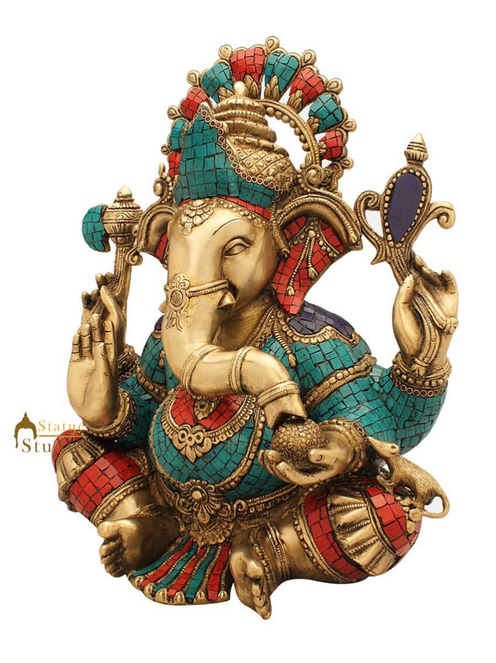 Brass Large Sitting Ganesha Statue Stone Work For Home Decor 1.5 Feet