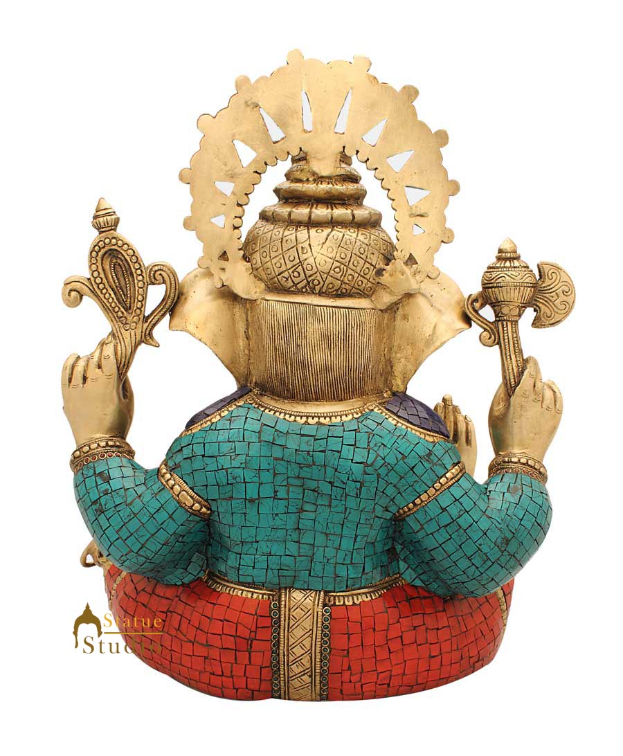 Brass Large Sitting Ganesha Statue Stone Work For Home Decor 1.5 Feet