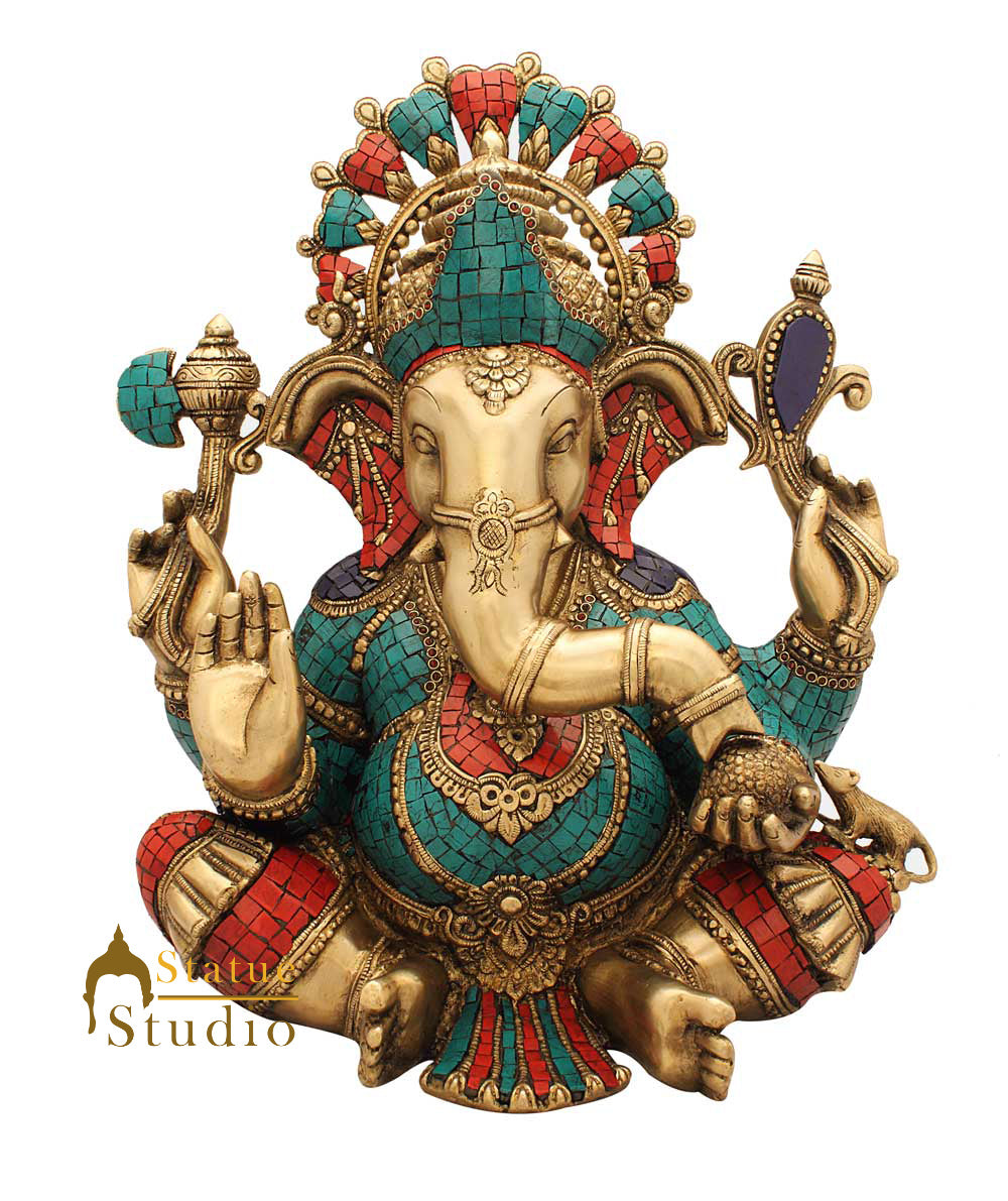 Brass Large Sitting Ganesha Statue Stone Work For Home Decor 1.5 Feet