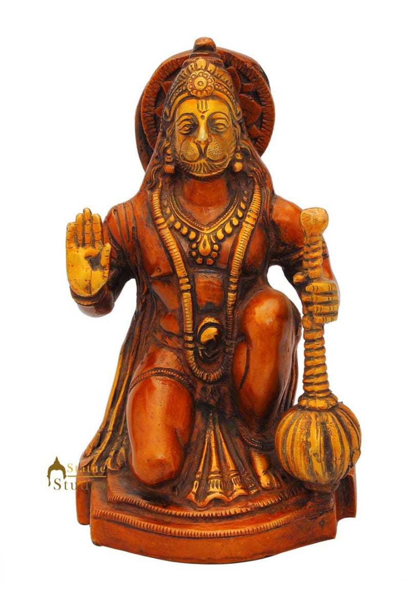 Brass Sitting Hanuman Idol Antique Finish For Home Decor 7"