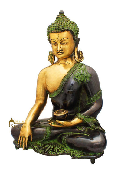 Brass medicine buddha sitting with bowl chinese old thai garden décor statue 16"