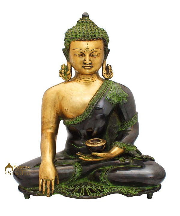 Brass medicine buddha sitting with bowl chinese old thai garden décor statue 16"