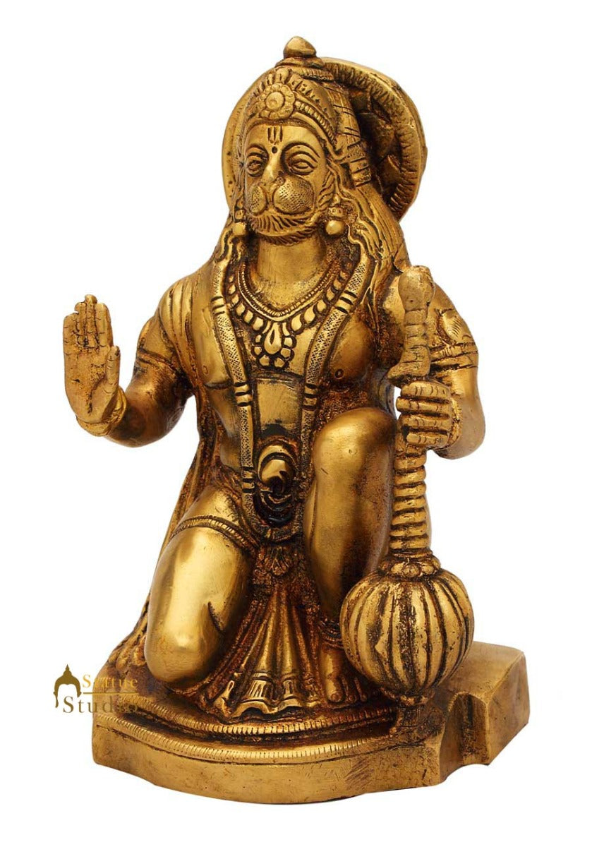 Lord Hanuman brass hindu god statue religious décor sitting idol figure 7"