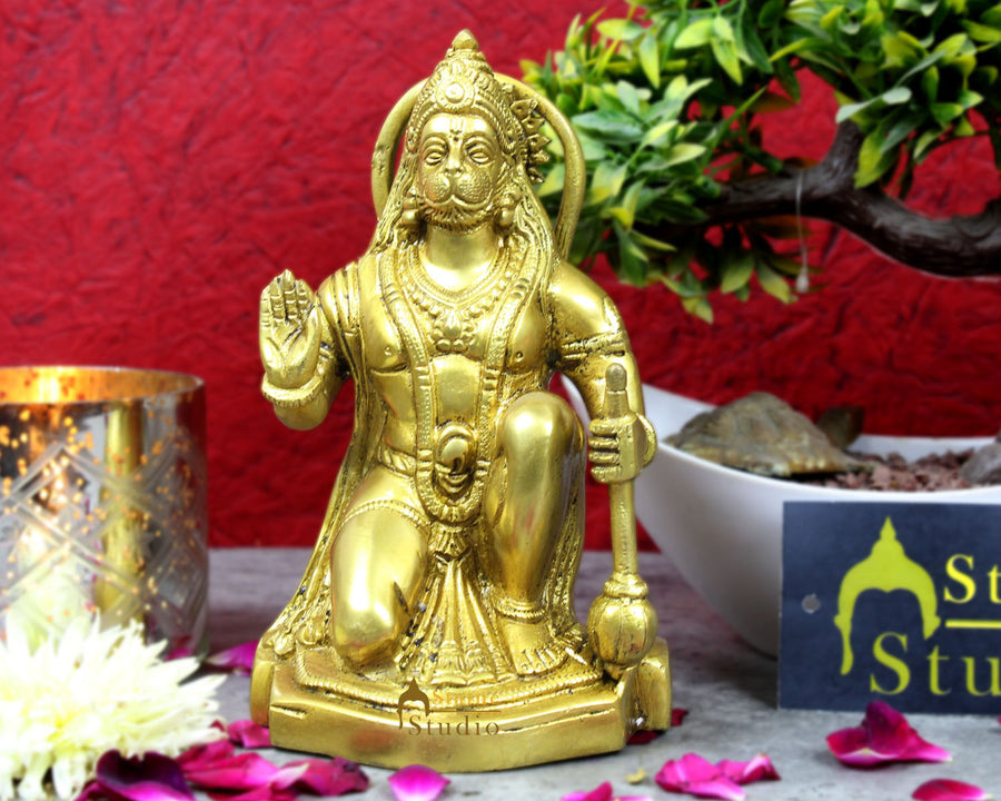 Lord Hanuman brass hindu god statue religious décor sitting idol figure 7" - 72900