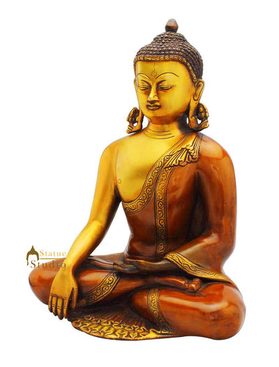 Brass antique earth touching mudra buddha statue chinese tibet buddhism 12"