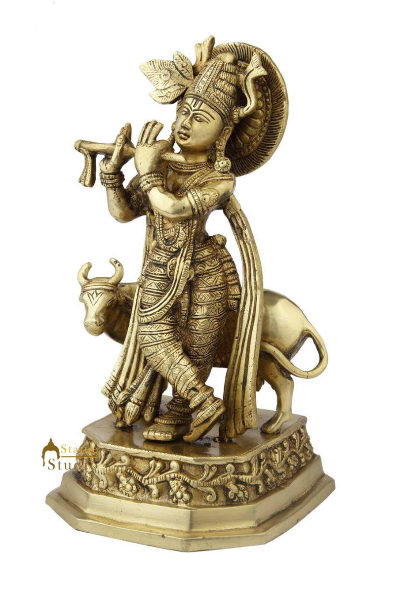 Brass Standing Krishna Idol With Cow Figure 10 Inch