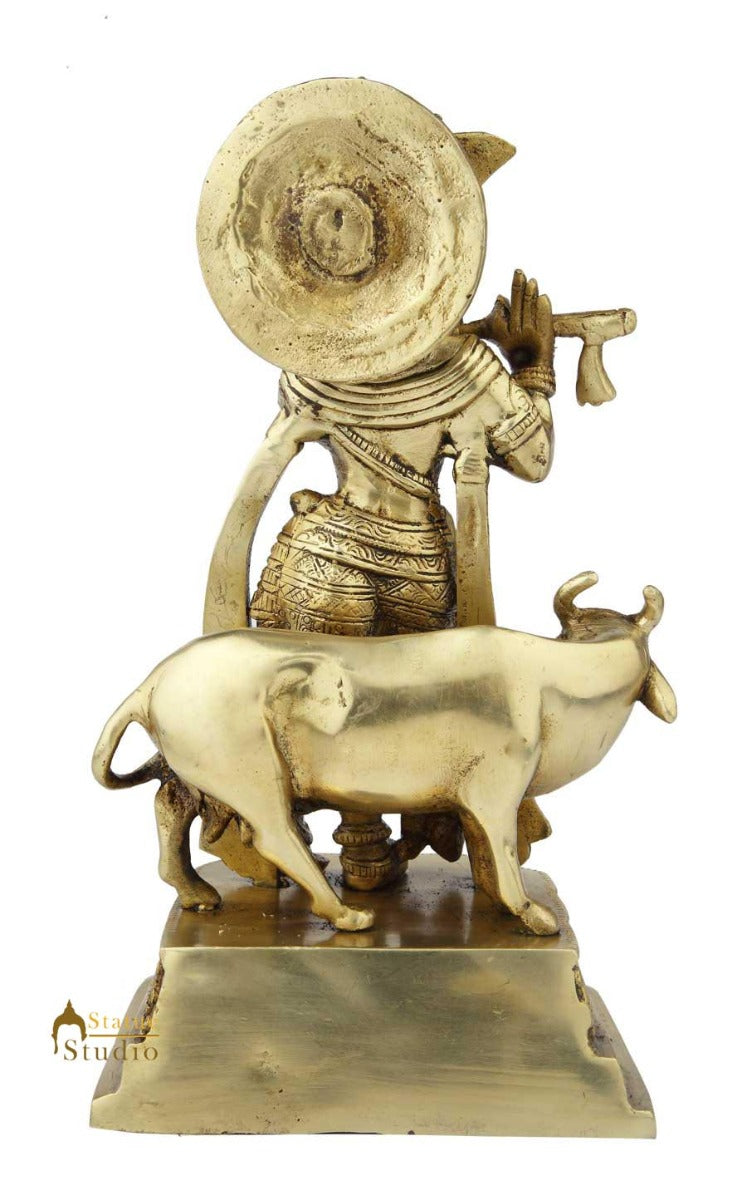 Brass Standing Krishna Idol With Cow Figure 10 Inch