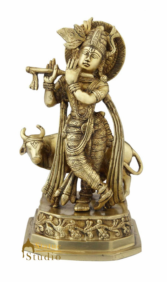 Brass Standing Krishna Idol With Cow Figure 10 Inch