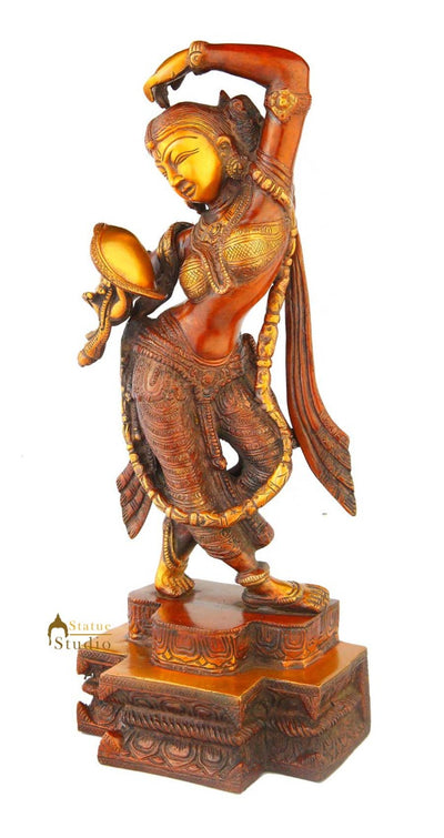 India hand made brass showpiece of lady holding mirror sculpture gift set 14"