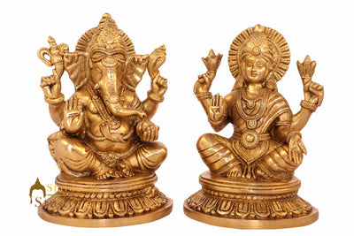 Brass ganesha laxmi pair statue india hindu gods hand carved hand made idol 8" - 94700